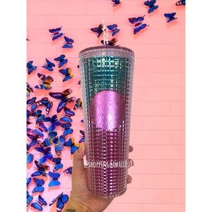 Starbucks Pink blue teal grid tumbler cup